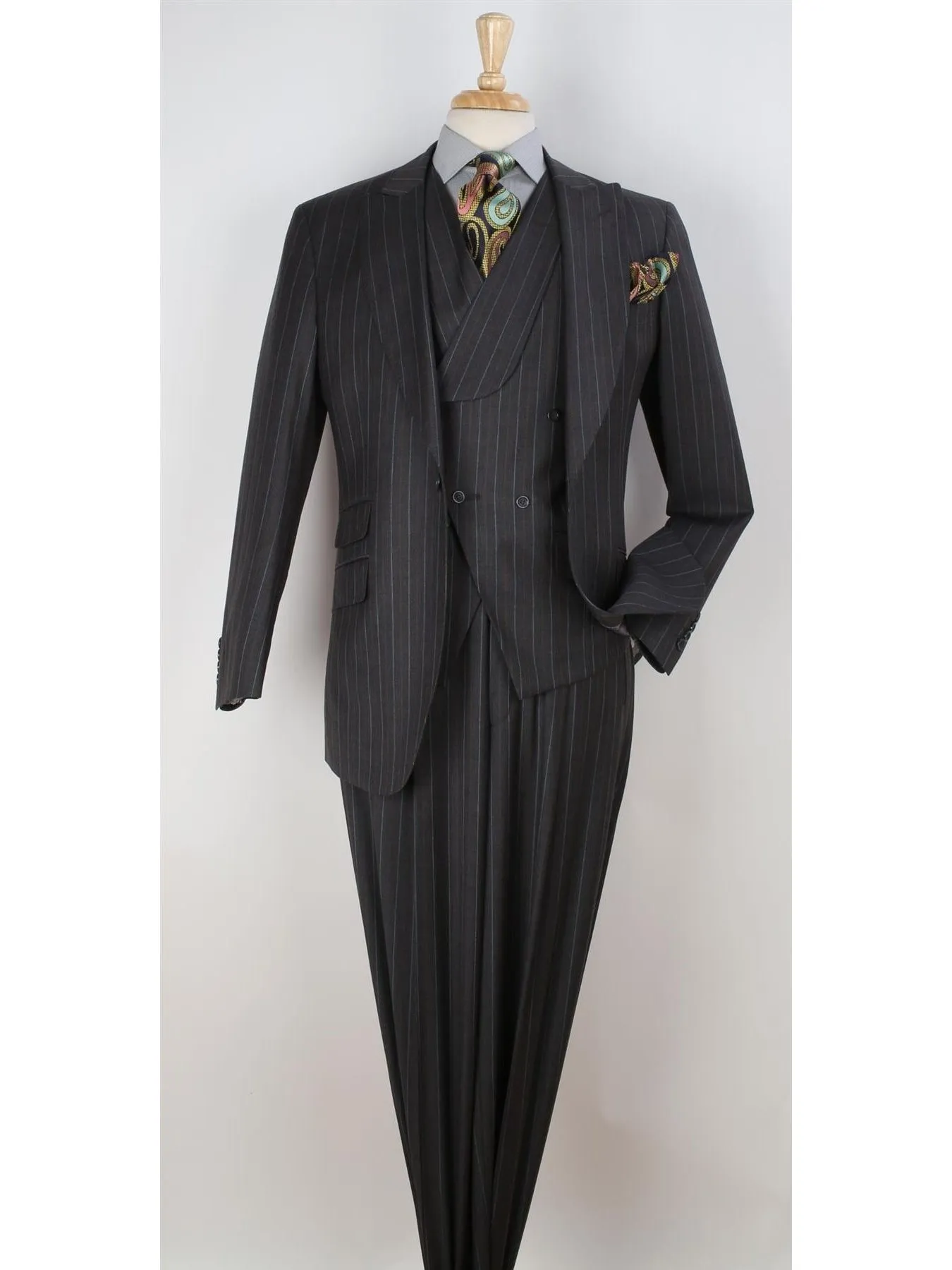 Apollo King Mens Classic Fit Charcoal Gray Striped 100% Wool 3 Piece Suit