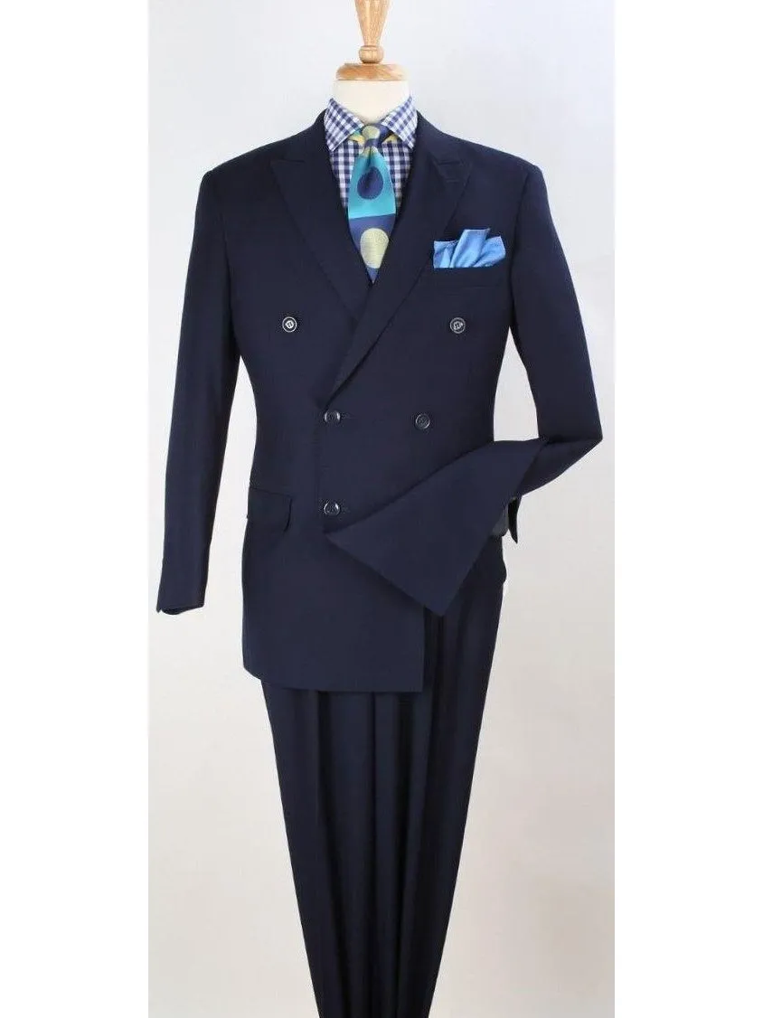 Apollo King Mens Classic Fit Navy Blue Double Breasted 100% Wool 3 Piece Suit