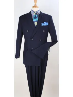 Apollo King Mens Classic Fit Navy Blue Double Breasted 100% Wool 3 Piece Suit