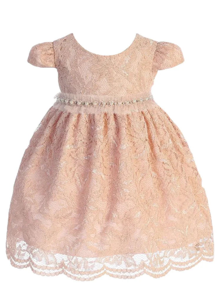 Baby Girls Blush Lace Mesh Pearl Trim Flower Girl Dress 3-24 Months