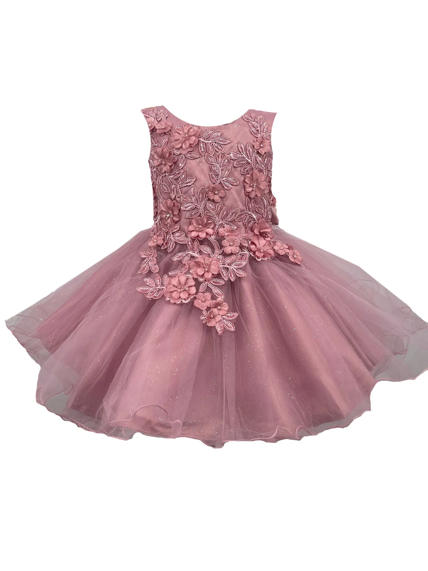 Baby Girls Dusty Rose 3D Floral Lace Flower Girl Dress 6-24M