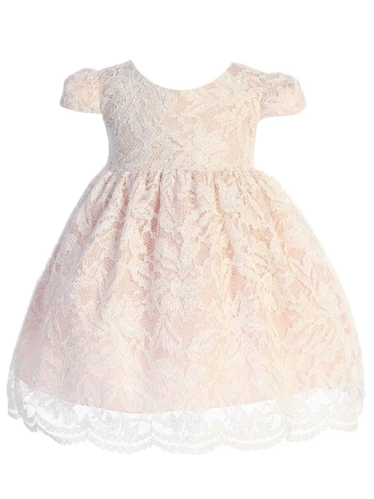 Baby Girls Ivory Blush Lace V Back Bow Flower Girl Dress 3-24 Months