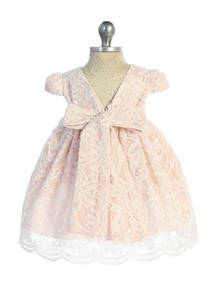 Baby Girls Ivory Blush Lace V Back Bow Flower Girl Dress 3-24 Months