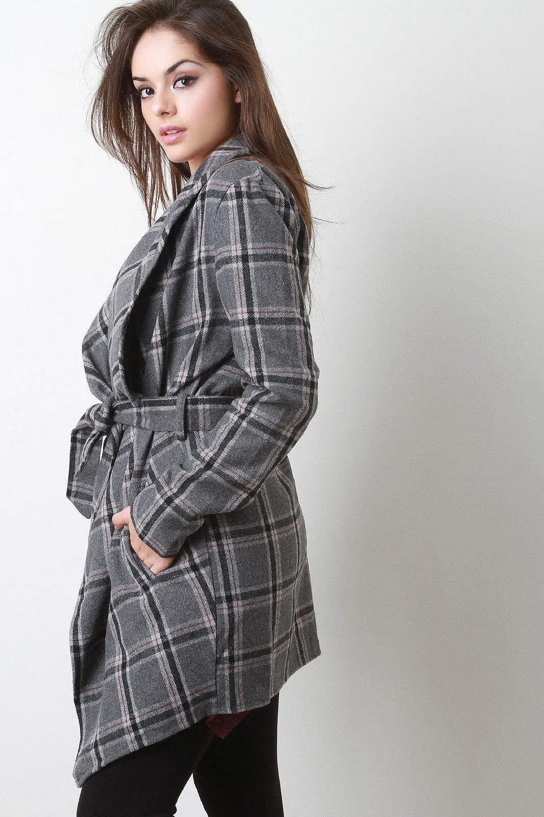 Belted Plaid Print Long Sleeves Fleece Jacket