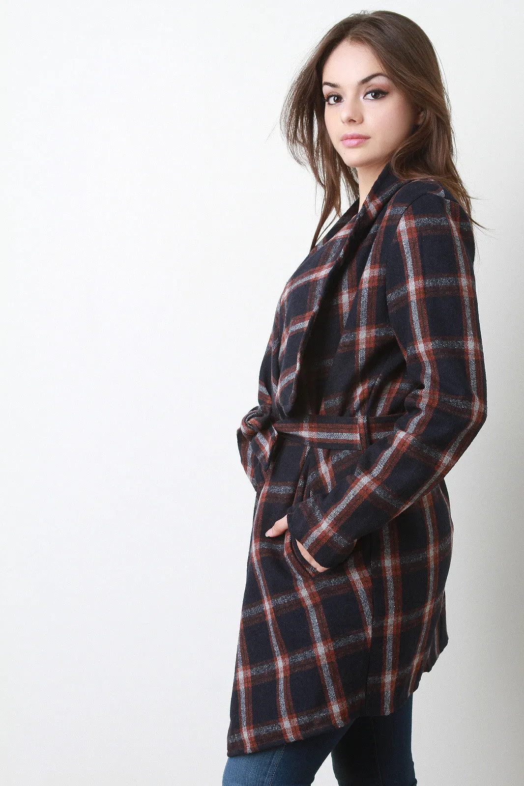 Belted Plaid Print Long Sleeves Fleece Jacket