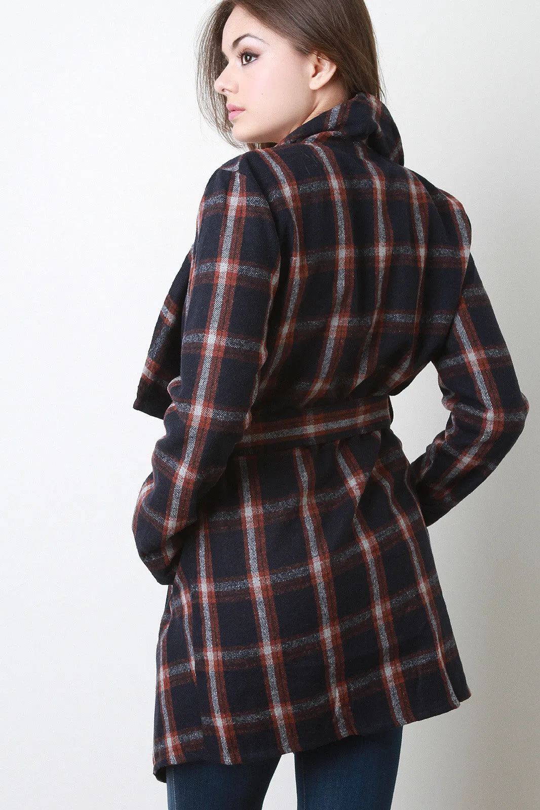 Belted Plaid Print Long Sleeves Fleece Jacket