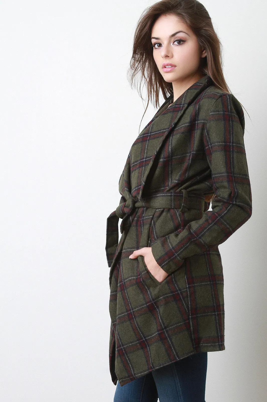 Belted Plaid Print Long Sleeves Fleece Jacket