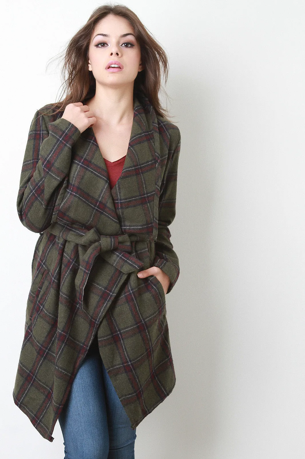 Belted Plaid Print Long Sleeves Fleece Jacket