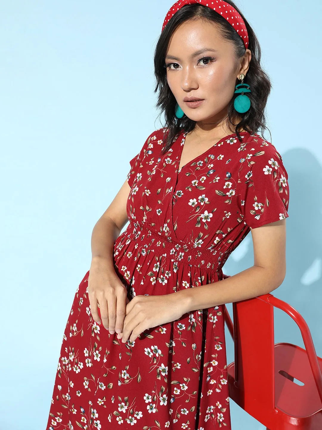 Berrylush Women Red & White Floral Printed V-Neck Smocked Wrap A-Line Midi Dress