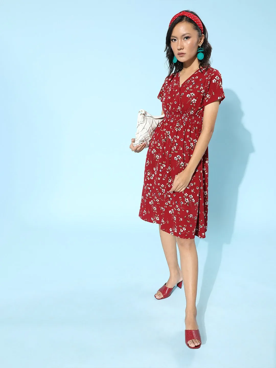 Berrylush Women Red & White Floral Printed V-Neck Smocked Wrap A-Line Midi Dress