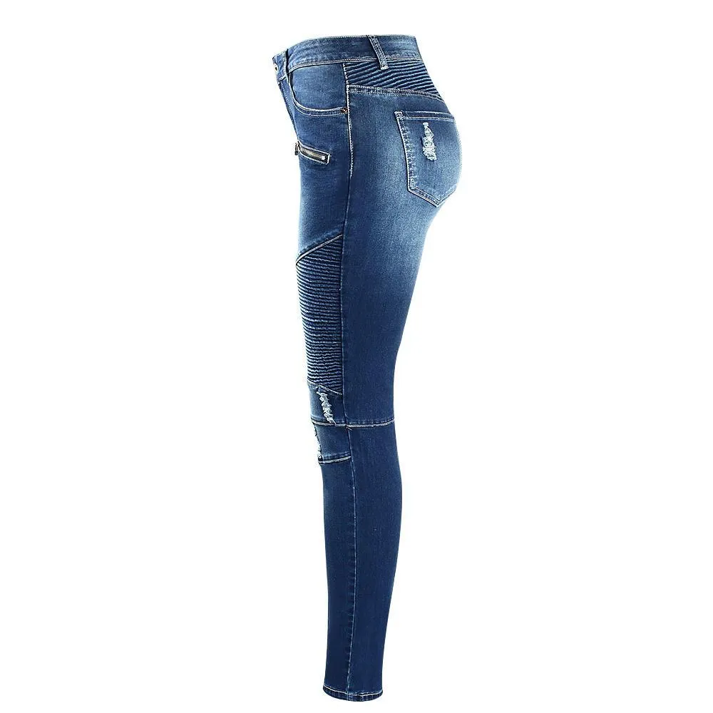 Biker Zip High Waist Stretch Denim Skinny Pants