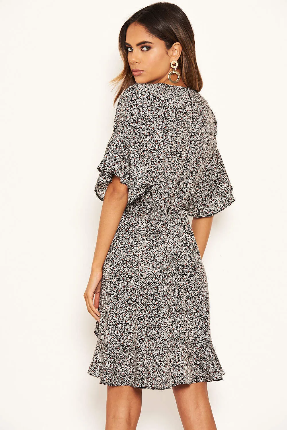 Black Ditsy Printed Frill Hem Wrap Dress