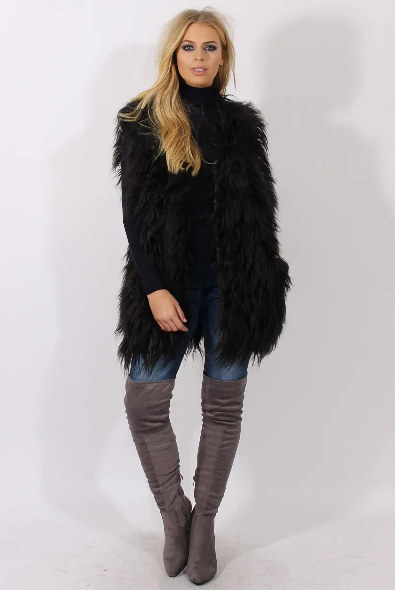 Black Faux Fur Shaggy Gilet - Liberty