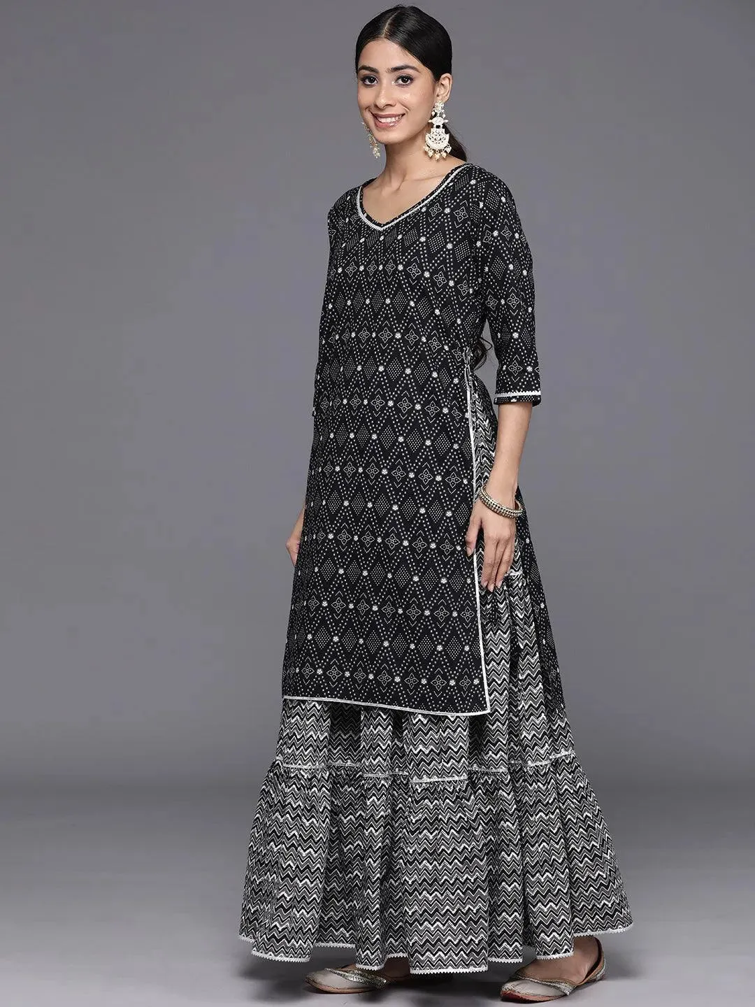 Black Printed Cotton Straight Kurta With Skirt & Dupatta