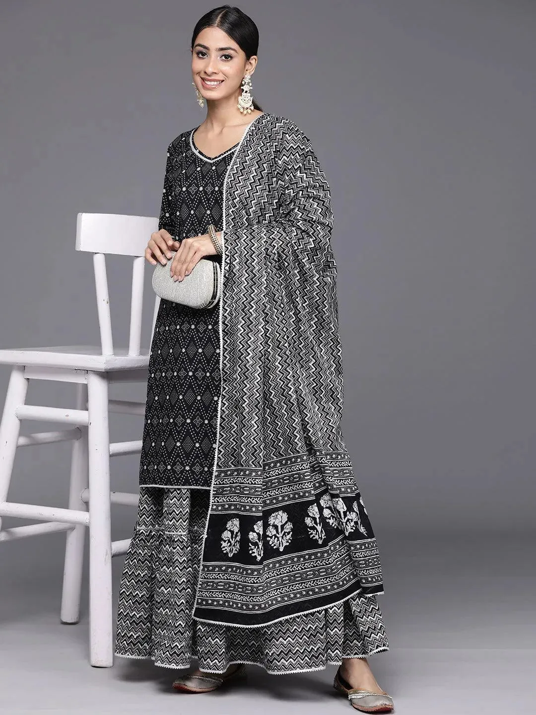 Black Printed Cotton Straight Kurta With Skirt & Dupatta