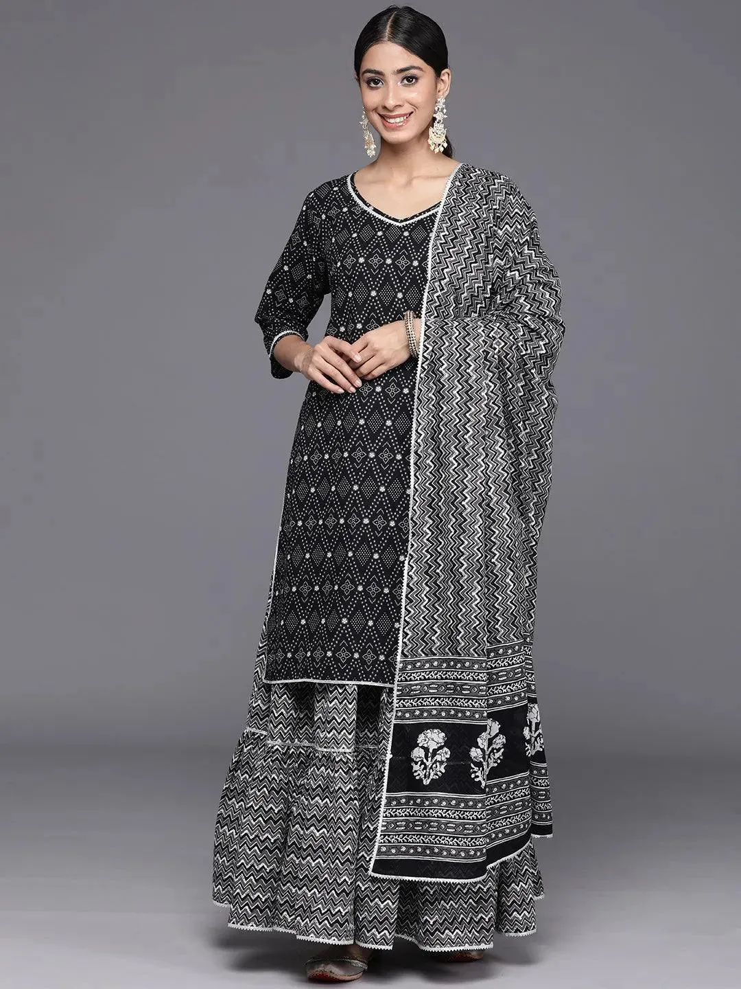 Black Printed Cotton Straight Kurta With Skirt & Dupatta