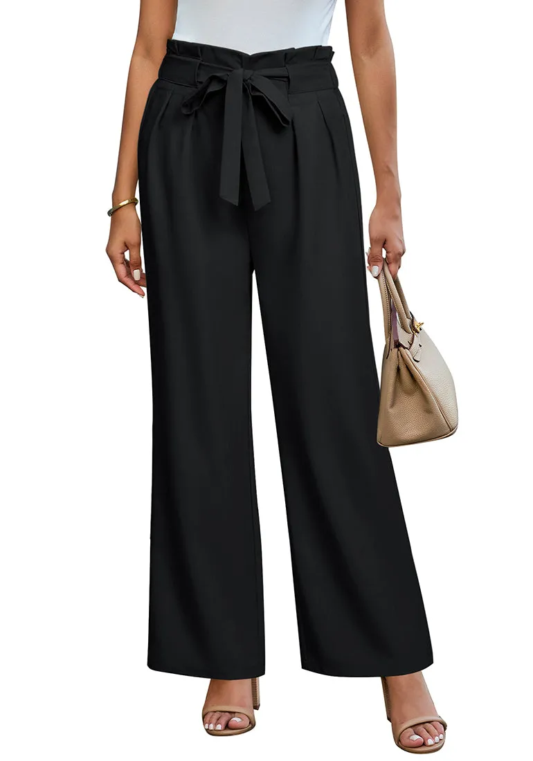 Black Women's Brief Elastic Waist High Waisted Wide Leg Pant with Belt