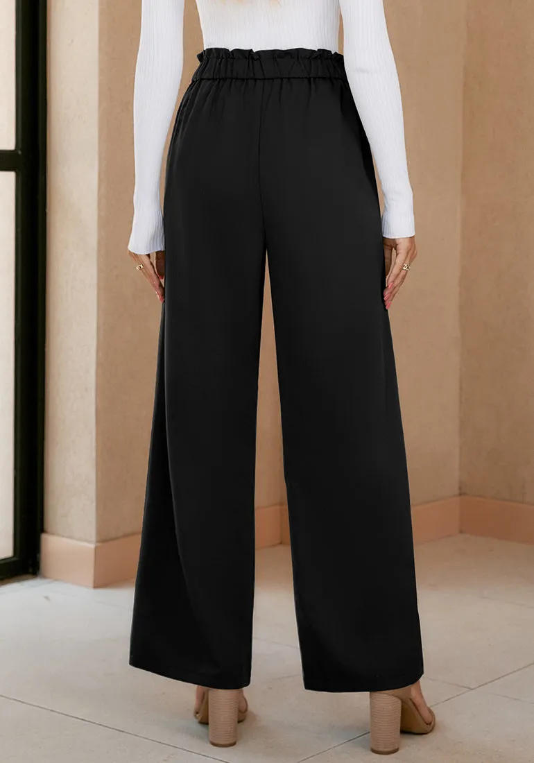 Black Women's Brief Elastic Waist High Waisted Wide Leg Pant with Belt