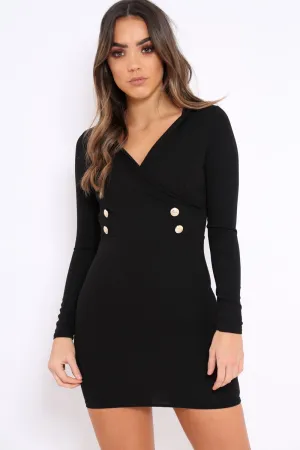 Black Wrap Front Button Detail Blazer Dress - Kendra