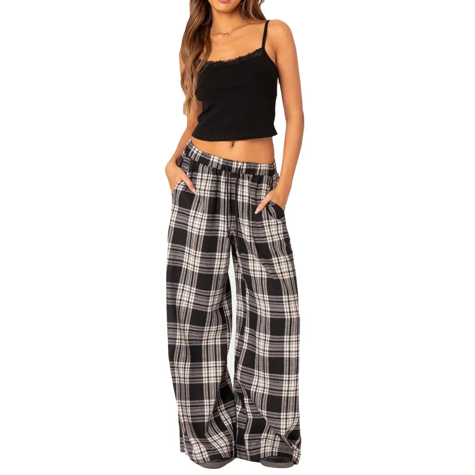 Casual Pajama Elastic High Waist Cute Pj Loungewear Plaid Pants