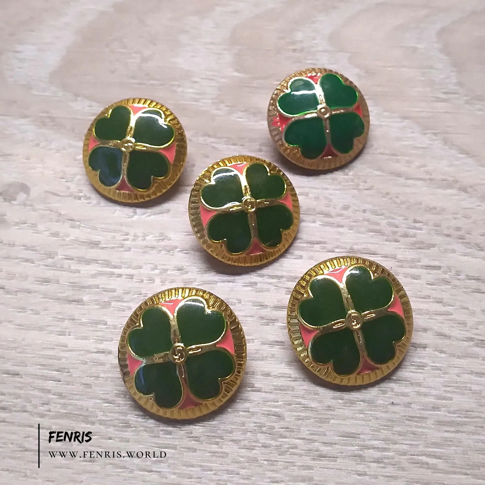 Celtic Irish 4 Leaf Clover Buttons Enamel Green Gold