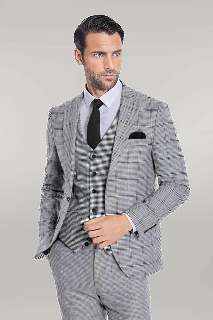 Checked Patterned Slim Fit Grey Men Suit - Wessi