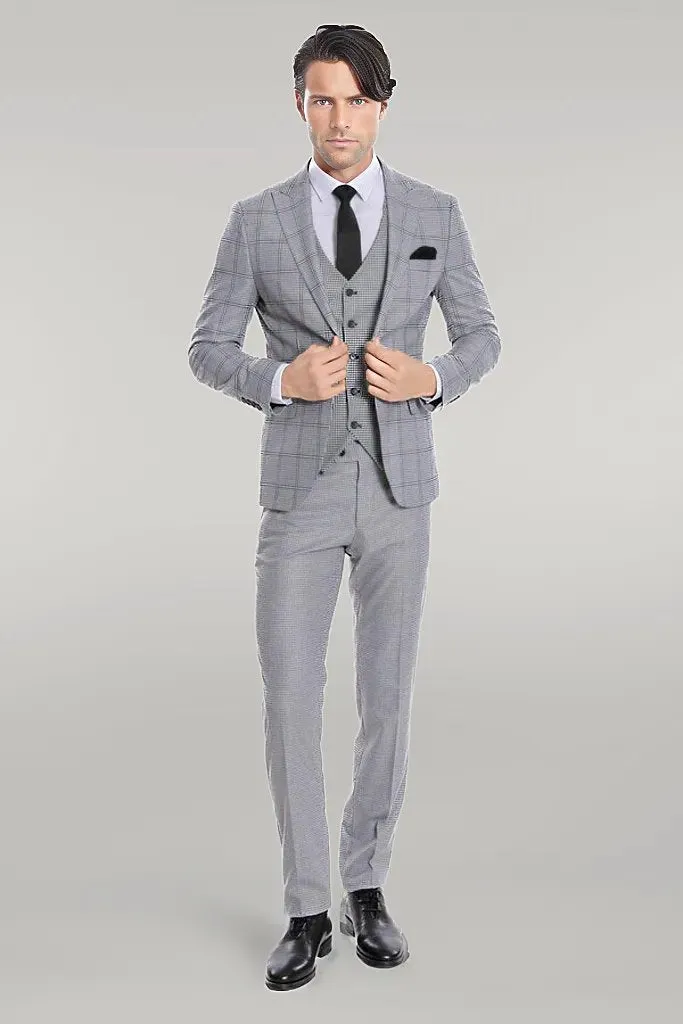 Checked Patterned Slim Fit Grey Men Suit - Wessi