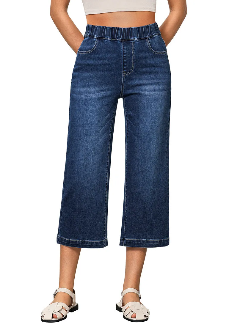 Classic Blue Women's Denim Capri Elastic Waist High Waist Pant Pocket