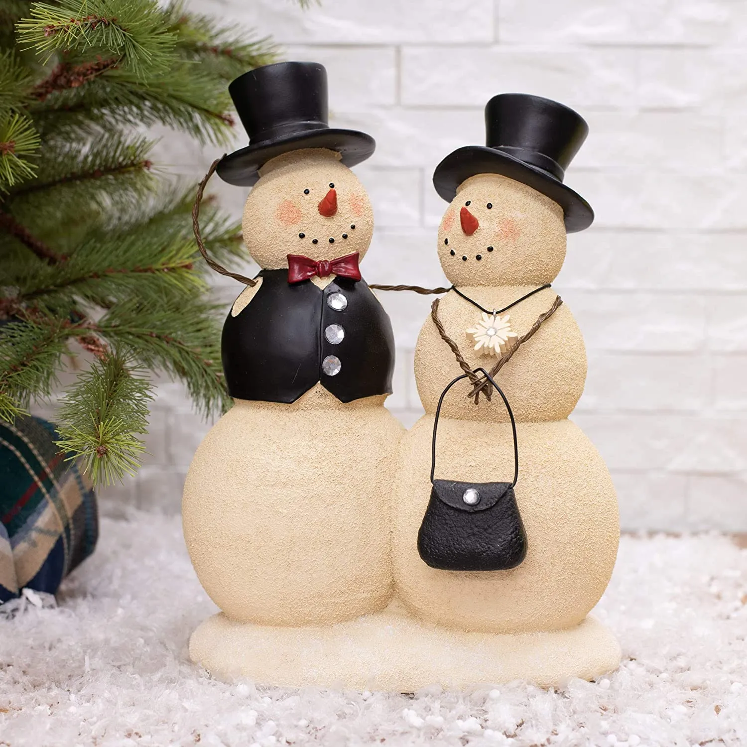 Couple Snowman Winter White 10 inch Resin Stone Christmas Holiday Figurine