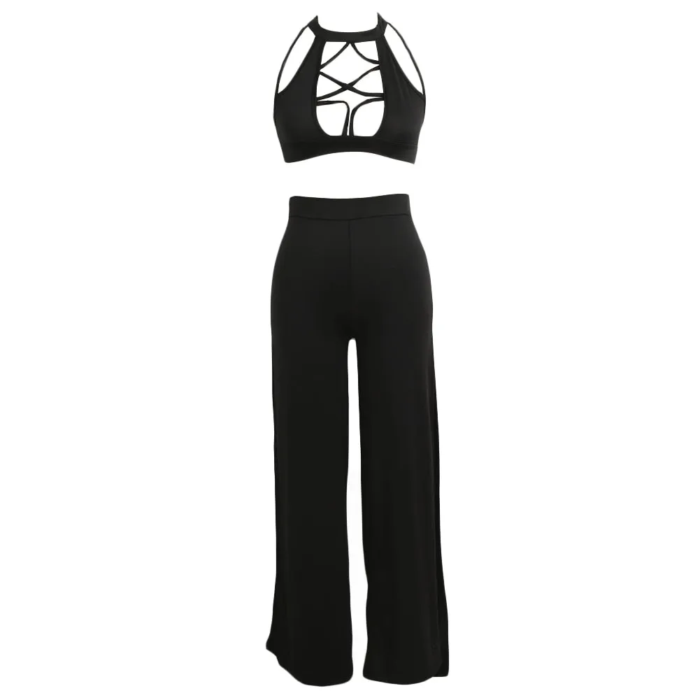 Criss-Cross Crop Top & High Waist Double Split Pants Two Piece Set