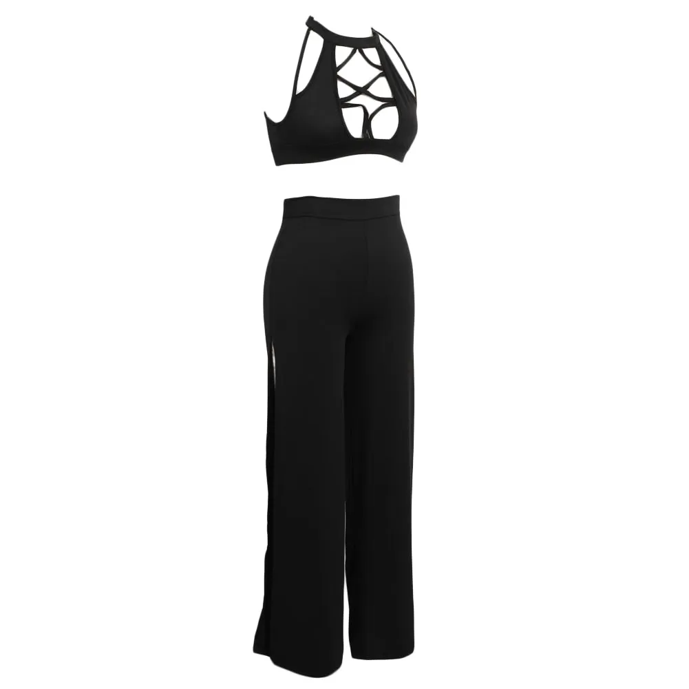 Criss-Cross Crop Top & High Waist Double Split Pants Two Piece Set