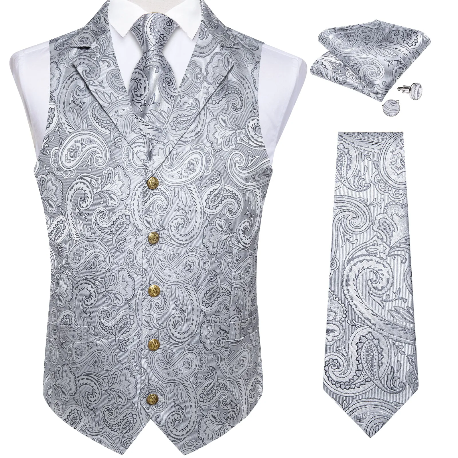 DiBanGu Notched Collar Vest Silver Paisley V Neck Mens Waistcoat Vest Tie Handkerchief Cufflinks Set