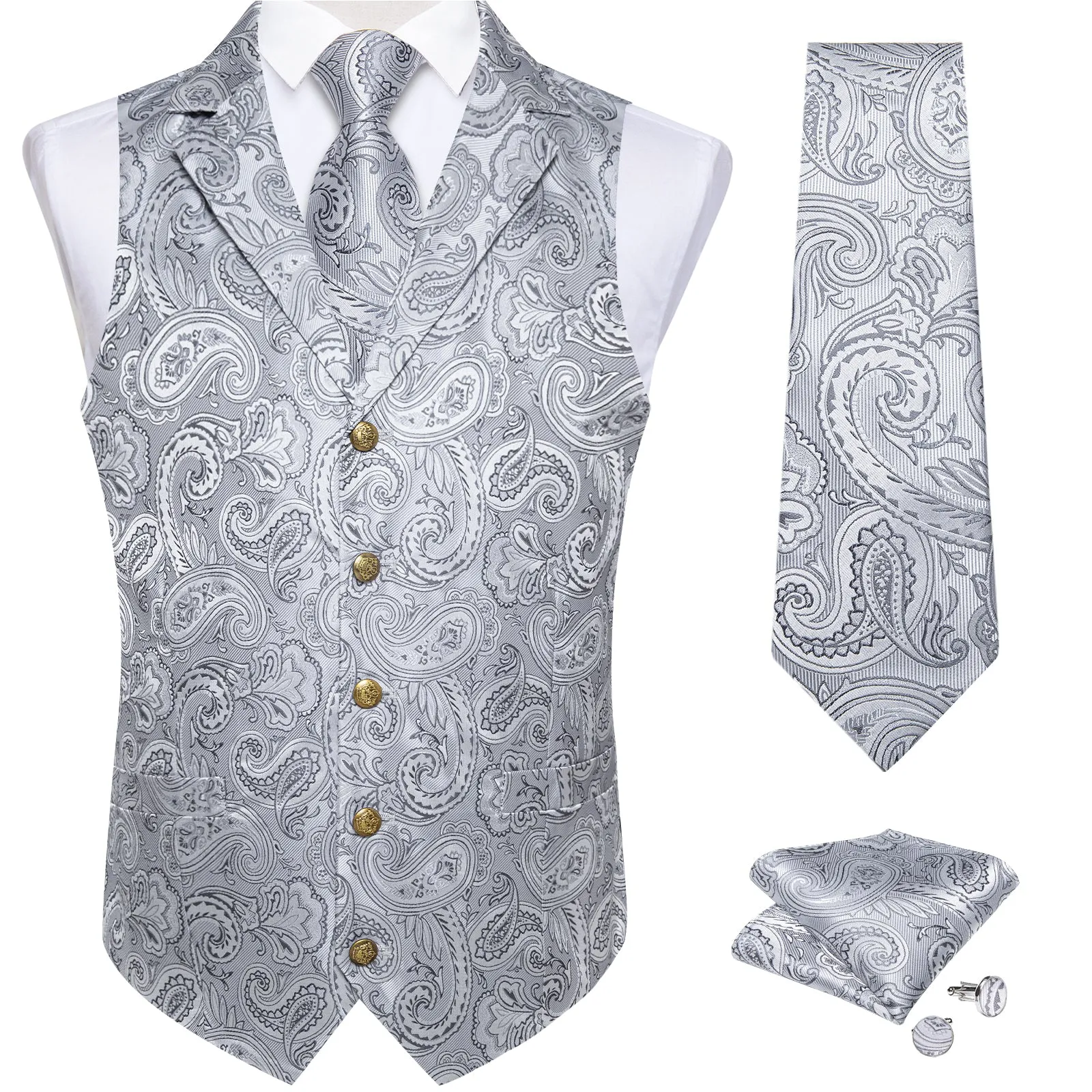 DiBanGu Notched Collar Vest Silver Paisley V Neck Mens Waistcoat Vest Tie Handkerchief Cufflinks Set