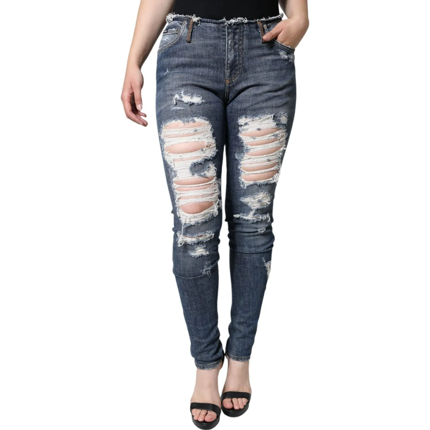 Dolce & Gabbana Blue Cotton Stretch Tattered Skinny Jeans