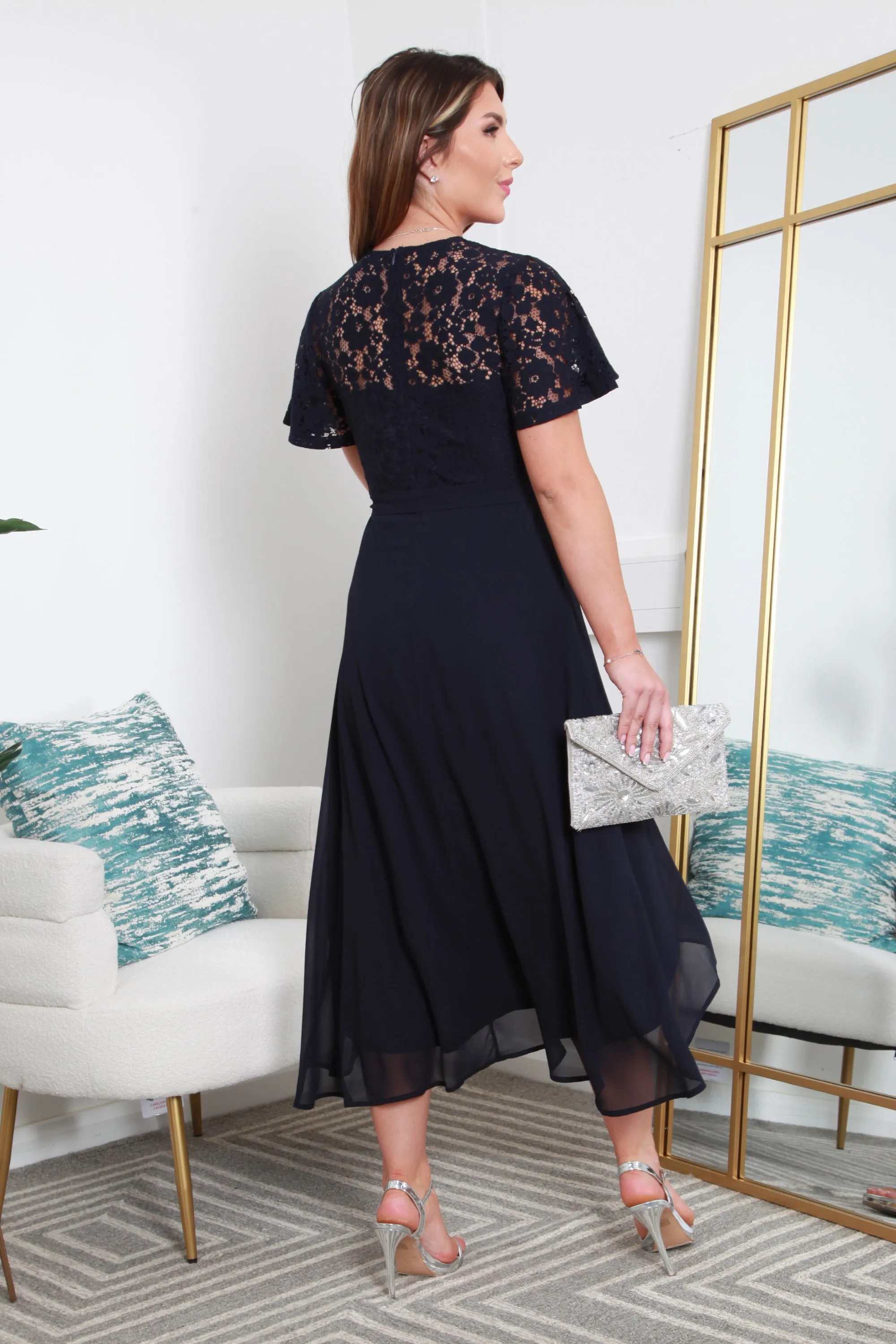 Double Second Navy Lace Wrap Front Dip Back Dress