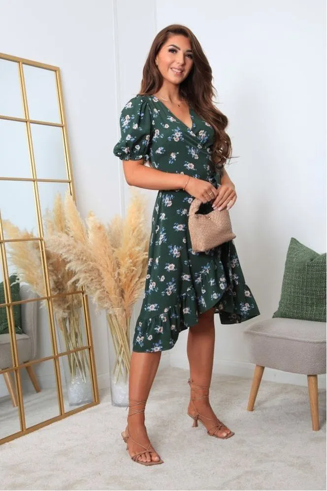 Double Second Printed Puff Sleeve Wrap Dress