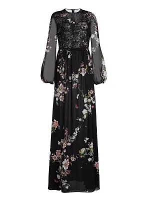 Elegant Floral Printing Lace Long Dresses For Women Round Neck Long Sleeve High Waits Temperament Slimming Dress Female New