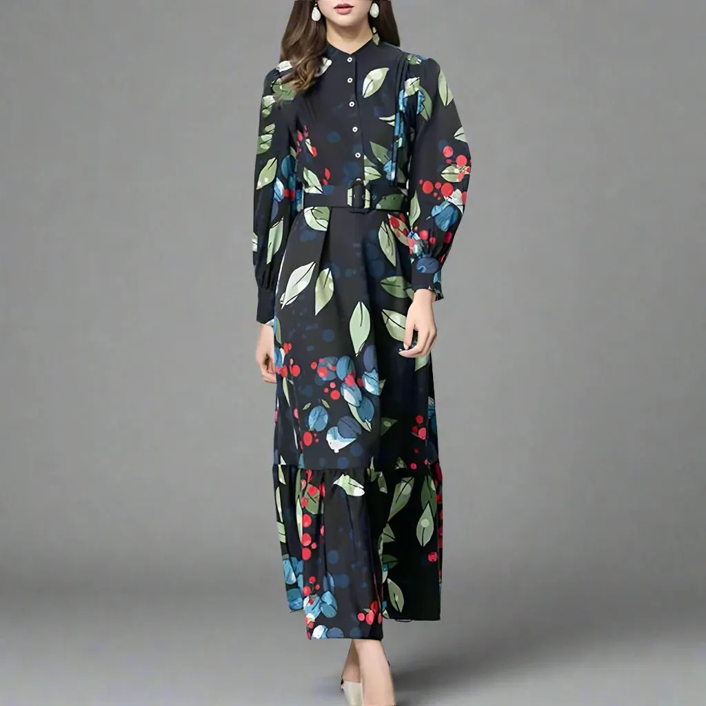 Elegant Printing A Line Dresses For Women Stand Collar Long Sleeve High Waist Spliced Single Breasted Slimming Derss Female