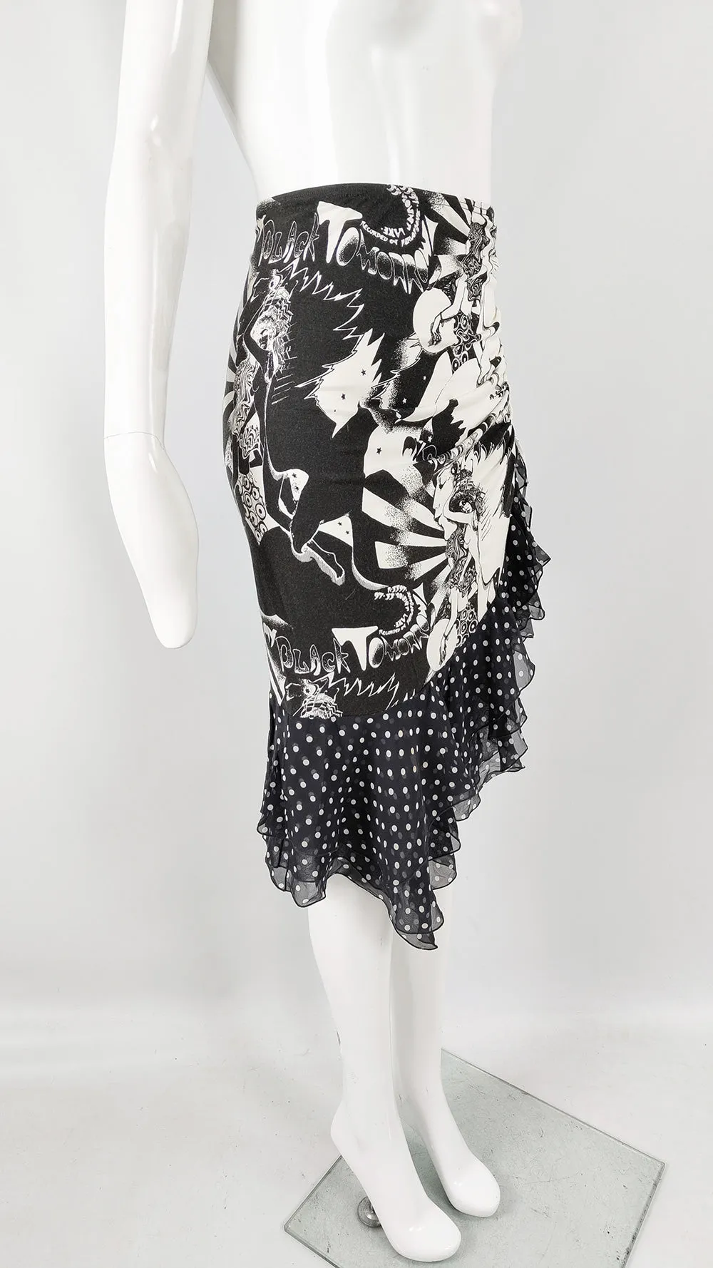 Emanuel Ungaro Vintage Graphic Ruched Skirt with Polka Dot Chiffon