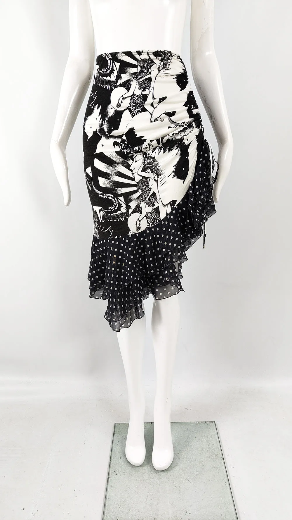 Emanuel Ungaro Vintage Graphic Ruched Skirt with Polka Dot Chiffon