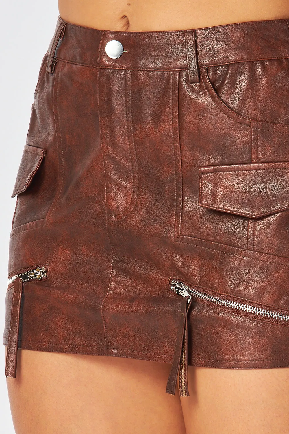 Faded Chocolate Leather Mini Skirt