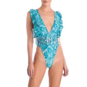 Flower Bloom Ruffled High Leg Swimsuit With Belt