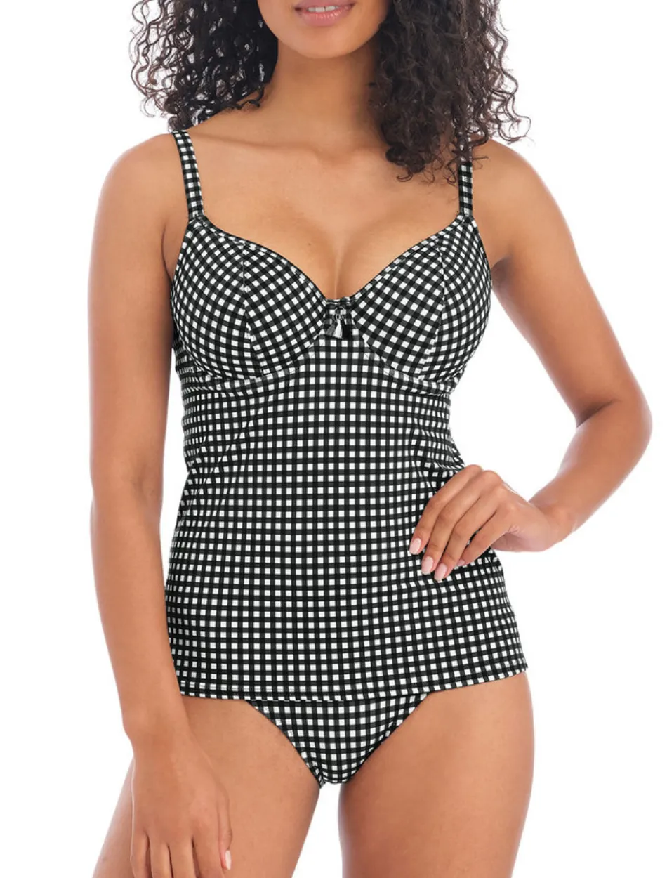 Freya Check In Underwire Plunge Tankini Top, Black / White | Check In Freya Tankini Tops | Check Tankini Top