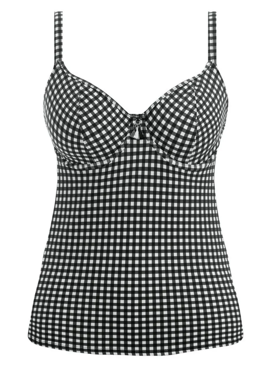 Freya Check In Underwire Plunge Tankini Top, Black / White | Check In Freya Tankini Tops | Check Tankini Top