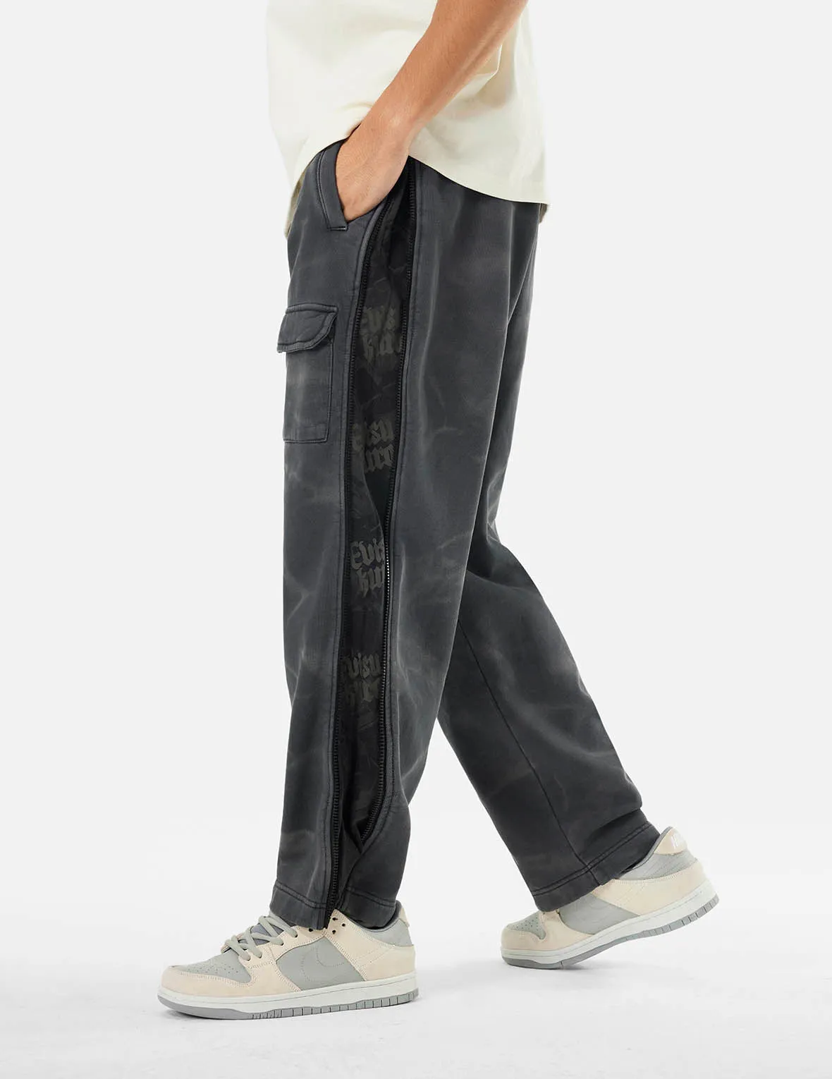 Garment Dyed Logo Print Side Zip Relax Fit Sweatpants