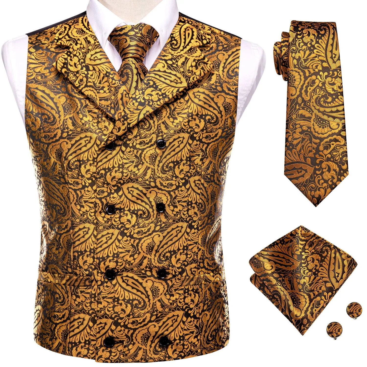 Gold Paisley Men's Collar Vest Hanky Cufflinks Tie Set