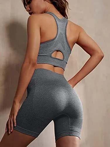 GXIN Women's Workout 2 Piece Outfit Sleeveless Running Yoga Bra Seamless High Waist Sports Shorts Set Grey