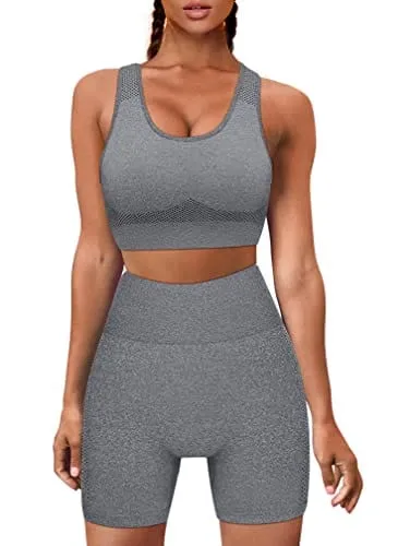 GXIN Women's Workout 2 Piece Outfit Sleeveless Running Yoga Bra Seamless High Waist Sports Shorts Set Grey