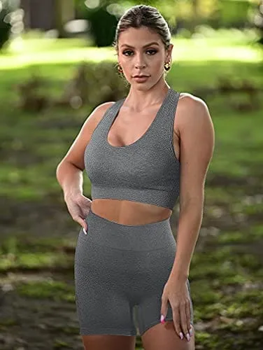 GXIN Women's Workout 2 Piece Outfit Sleeveless Running Yoga Bra Seamless High Waist Sports Shorts Set Grey