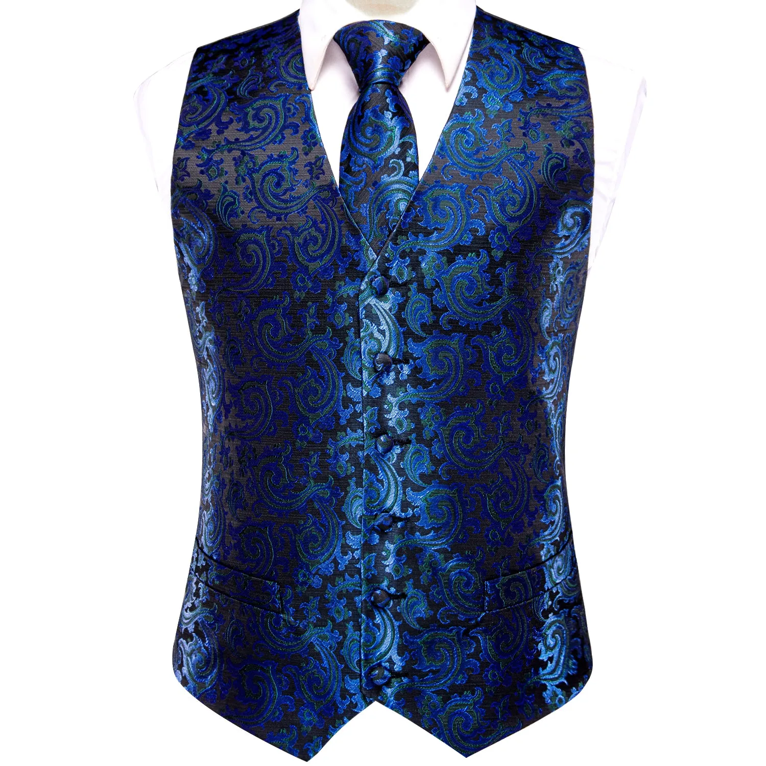 Hi-Tie Black Blue Paisley Novelty Silk Wedding Men's Vest Necktie Set